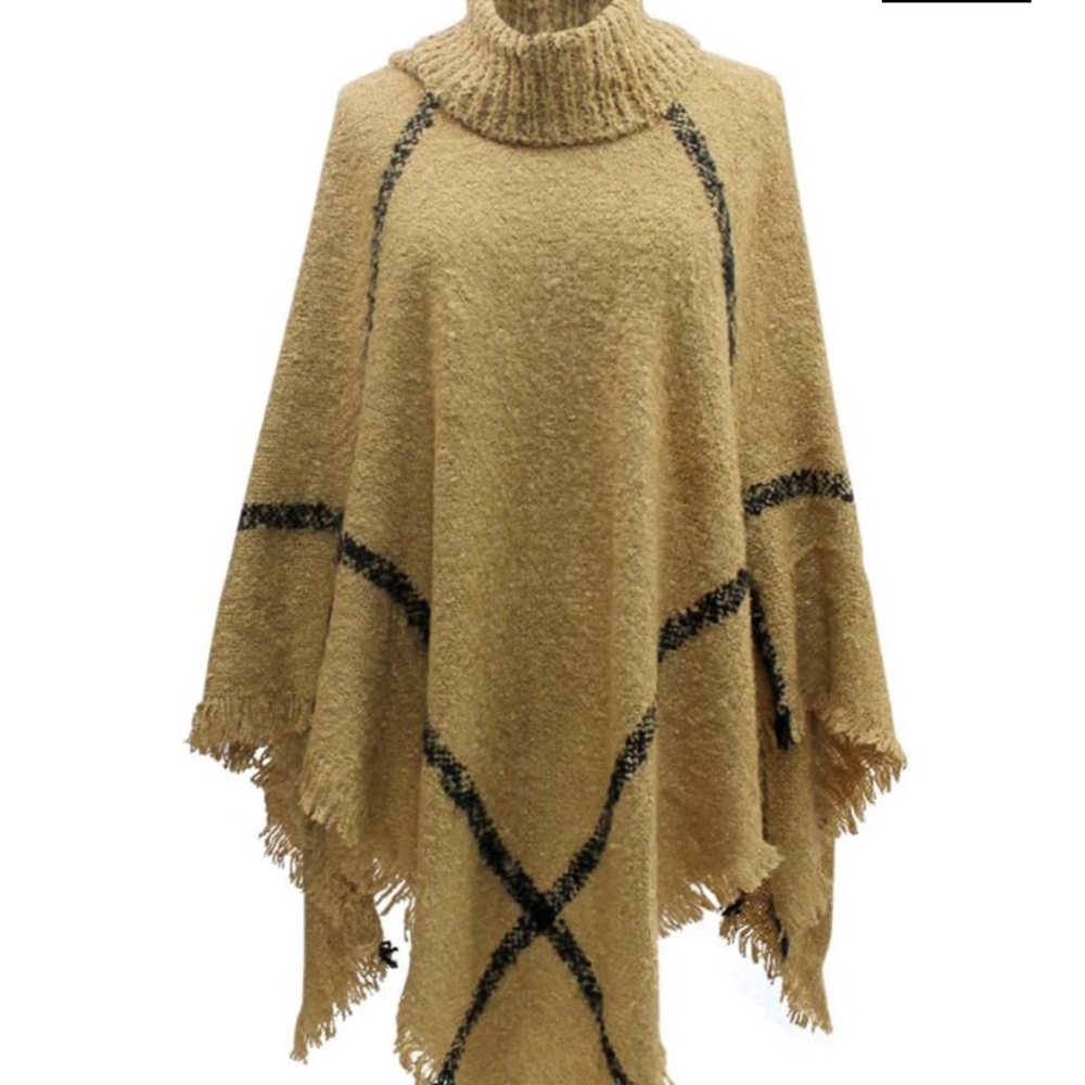 Beige & Black Ultra Soft Turtleneck Poncho Shawl